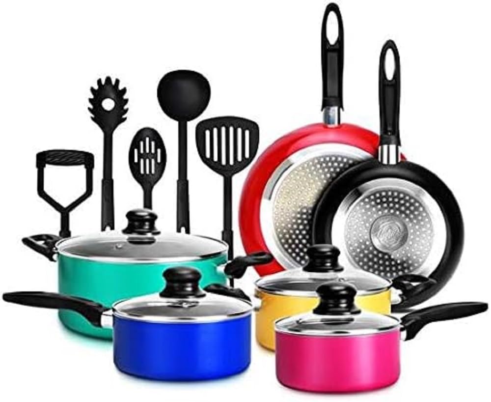 NutriChef 15-Piece Non Stick Kitchen Cookware Set PFOA/PFOS-Free, Colorful Heat Resistant Lacquer w/Saucepot, Frying Pans, Oven Pot, Lids, 5 Utensil - NCCWCOR15