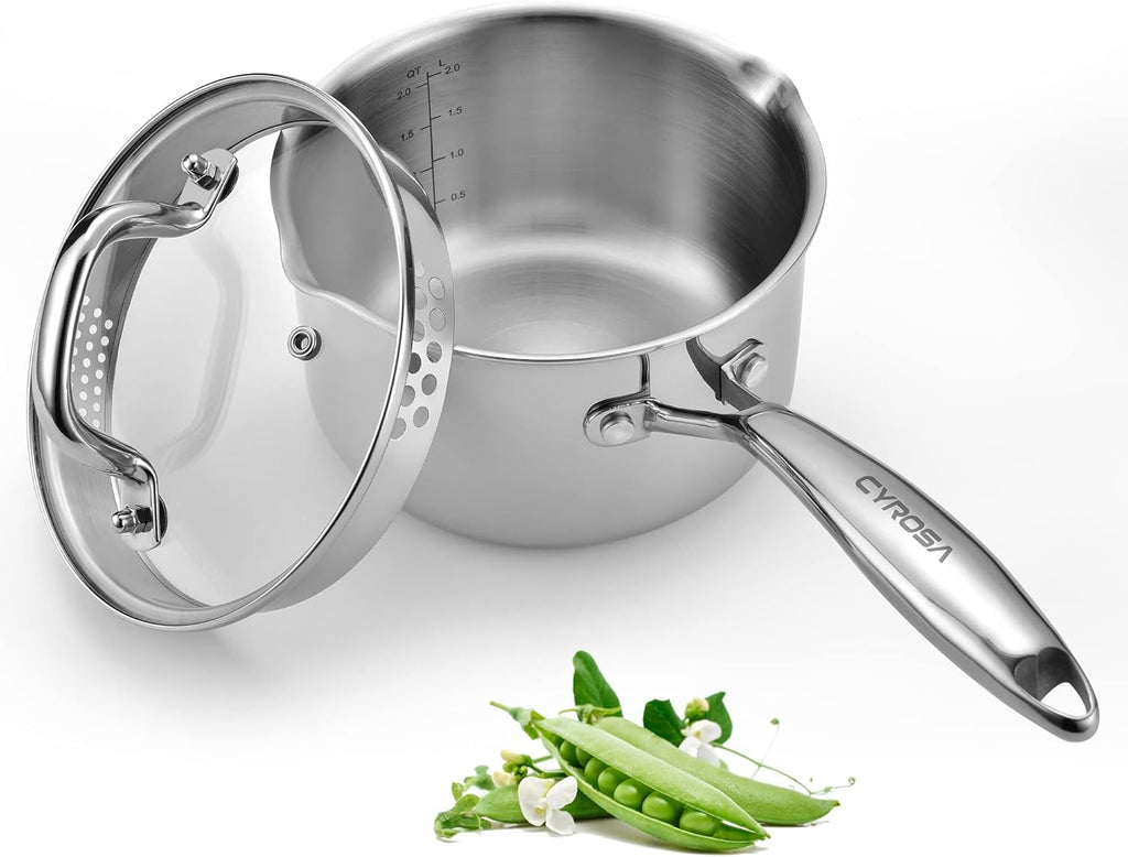 Stainless Steel Saucepan with Glass Lid, 2.0 Quart Multipurpose Sauce Pan, Sauce Pot with for Easy Pour with Ergonomic Handle
