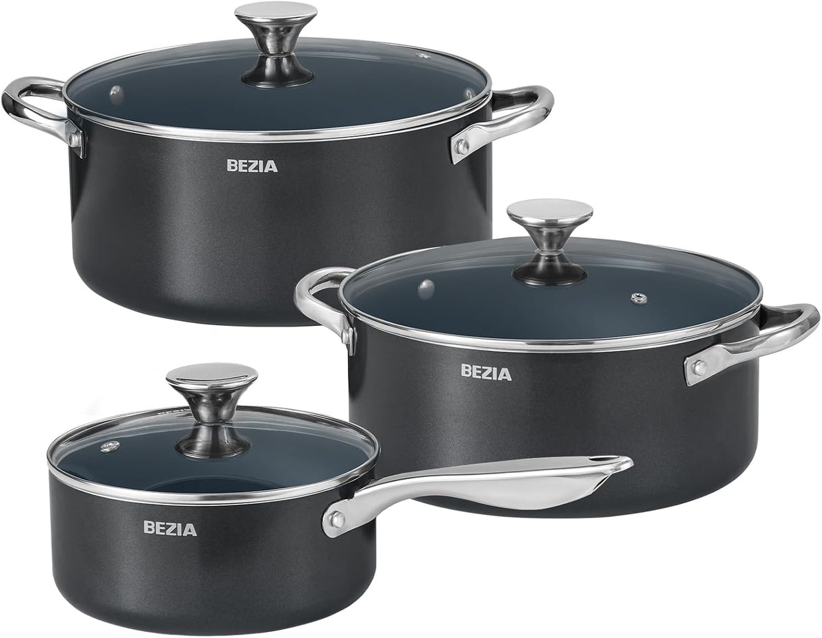 BEZIA Nonstick Induction Cookware Set, 6-Piece Pots and Pans Set with Lids