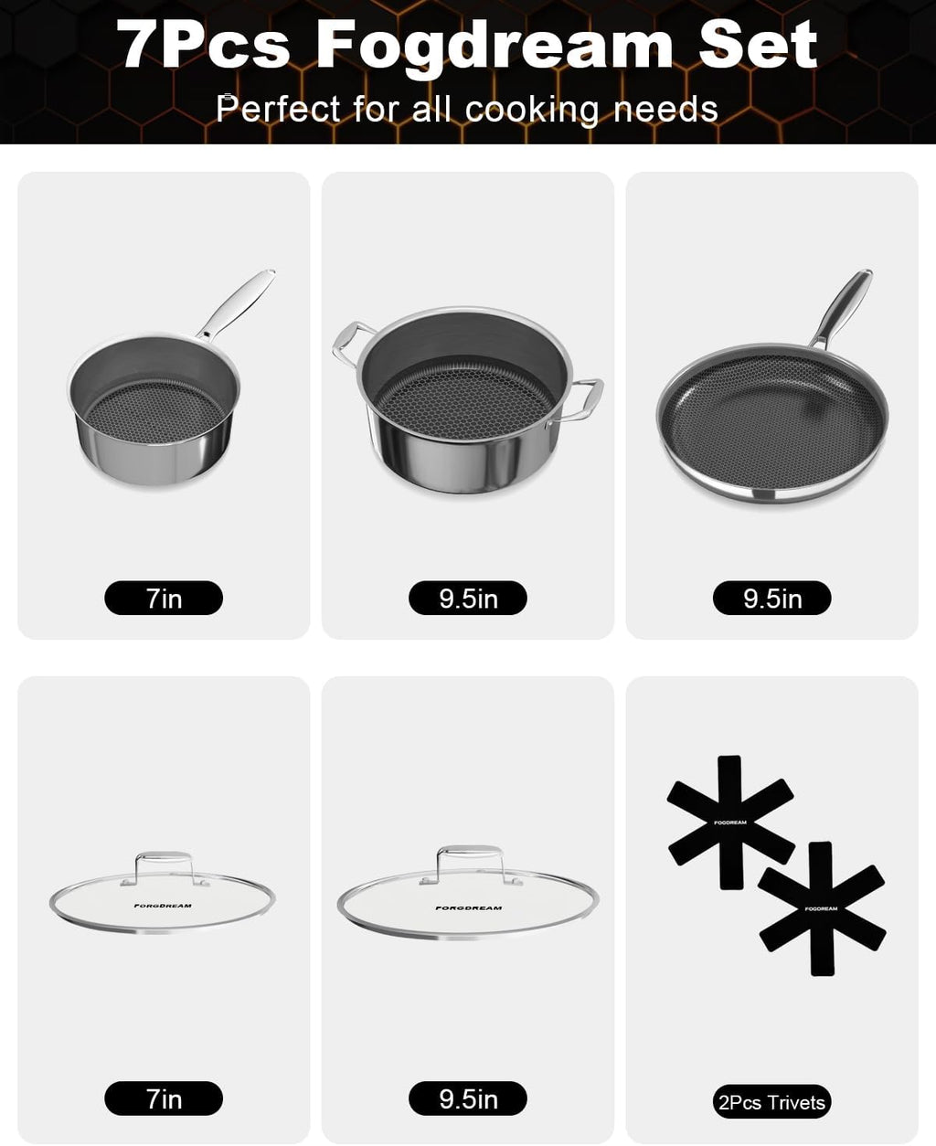 FogDream 5 Pcs Stainless Steel Cookware Set, 9.5in Non Stick Frying Pan, 5-Quart Soup Pot & 2.3-Quart Sauce Pan with 2 Lids, Stay-Cool Handles, Dishwasher & Oven-Safe, Induction Compatible, Silver