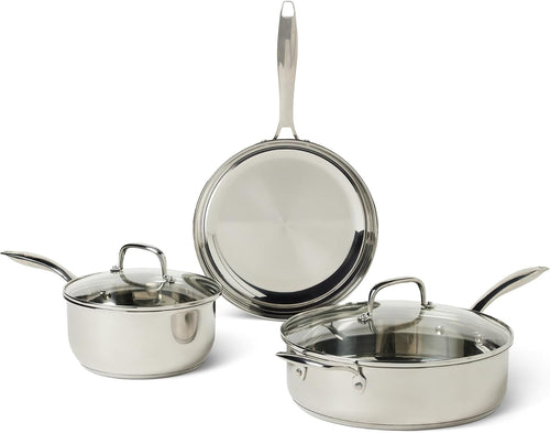 Amazon Basics Stainless Steel Cookware Set, 5-Piece, All Cooktop Friendly, Dishwasher-Safe, Induction Compatible
