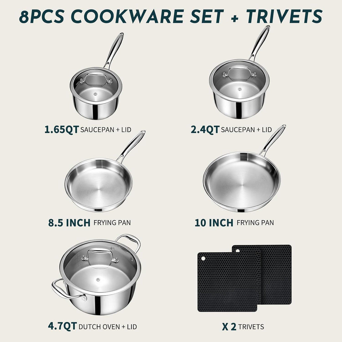3 Ply Stainless Steel Cookware Set, AIVIKI 10-Pieces Pots and Pans Set, Induction Kitchen Cookware Set, Oven Safe to 500℉, Chef Quality Cooking Set w/Fry Pans, Saucepans, Dutch Oven, Kitchen Essential