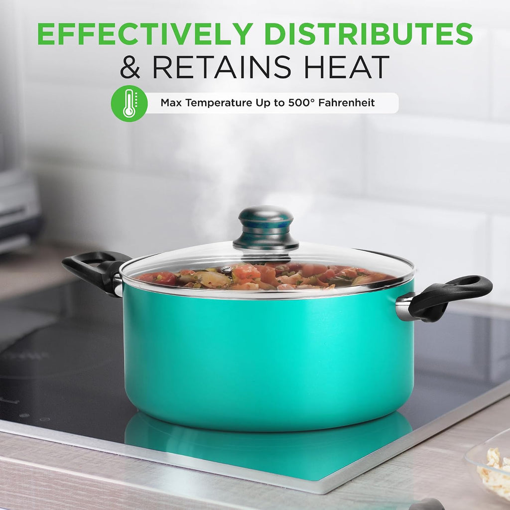 NutriChef 15-Piece Non Stick Kitchen Cookware Set PFOA/PFOS-Free, Colorful Heat Resistant Lacquer w/Saucepot, Frying Pans, Oven Pot, Lids, 5 Utensil - NCCWCOR15