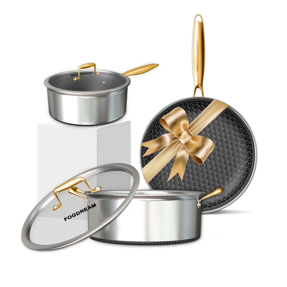 FogDream 5 Pcs Stainless Steel Cookware Set, 9.5in Non Stick Frying Pan, 5-Quart Soup Pot & 2.3-Quart Sauce Pan with 2 Lids, Stay-Cool Handles, Dishwasher & Oven-Safe, Induction Compatible, Silver