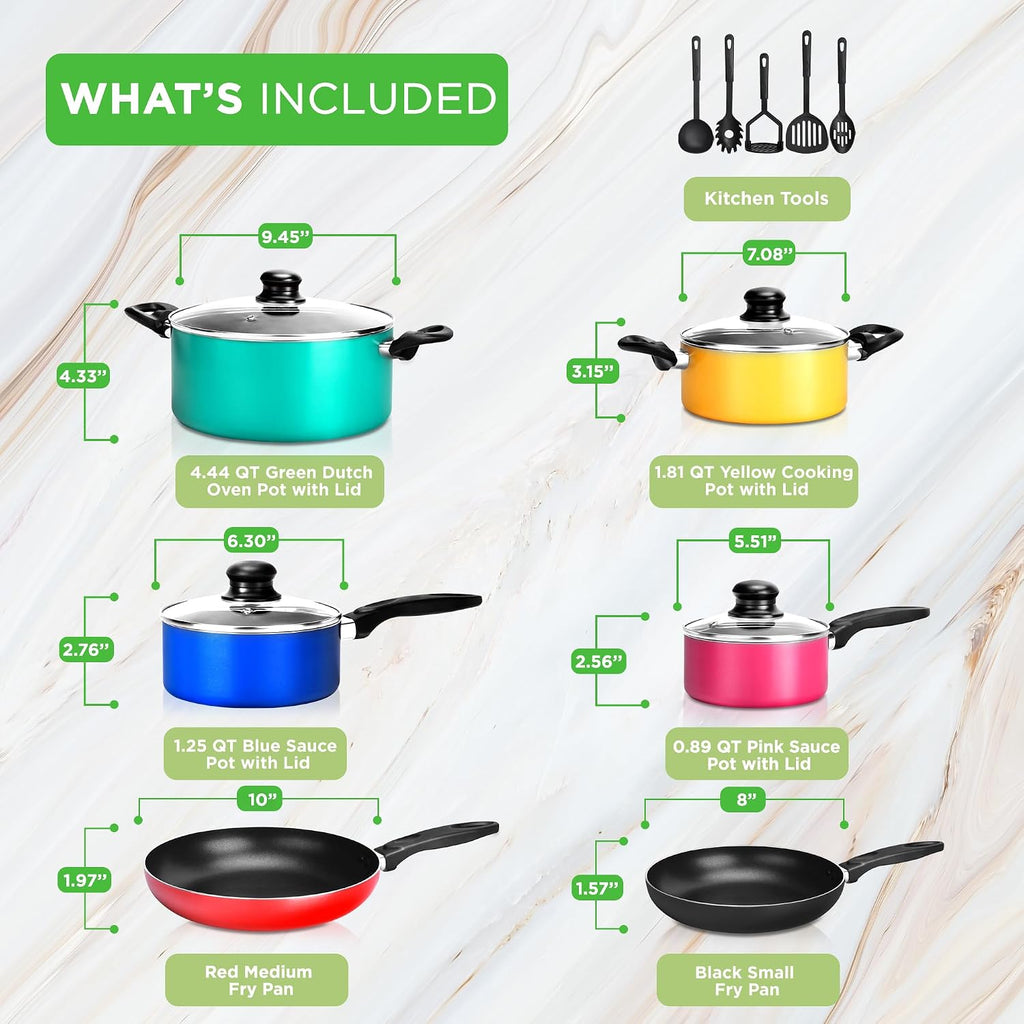 NutriChef 15-Piece Non Stick Kitchen Cookware Set PFOA/PFOS-Free, Colorful Heat Resistant Lacquer w/Saucepot, Frying Pans, Oven Pot, Lids, 5 Utensil - NCCWCOR15