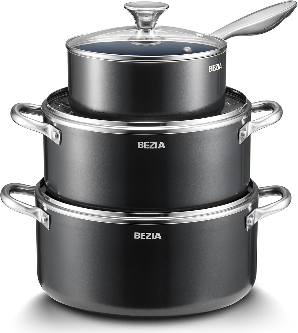 BEZIA Nonstick Induction Cookware Set, 6-Piece Pots and Pans Set with Lids