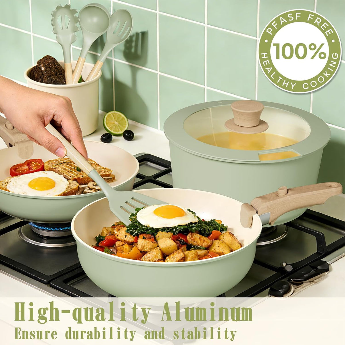 Umite Chef Non Stick Pots and Pans Set, 21 Pcs Ceramic Kitchen Cookware Set with Detachable Handle, Nonstick Healthy Induction Cookware, Dishwasher RV Cookware Set, Oven Safe, Stackable, Sage Green