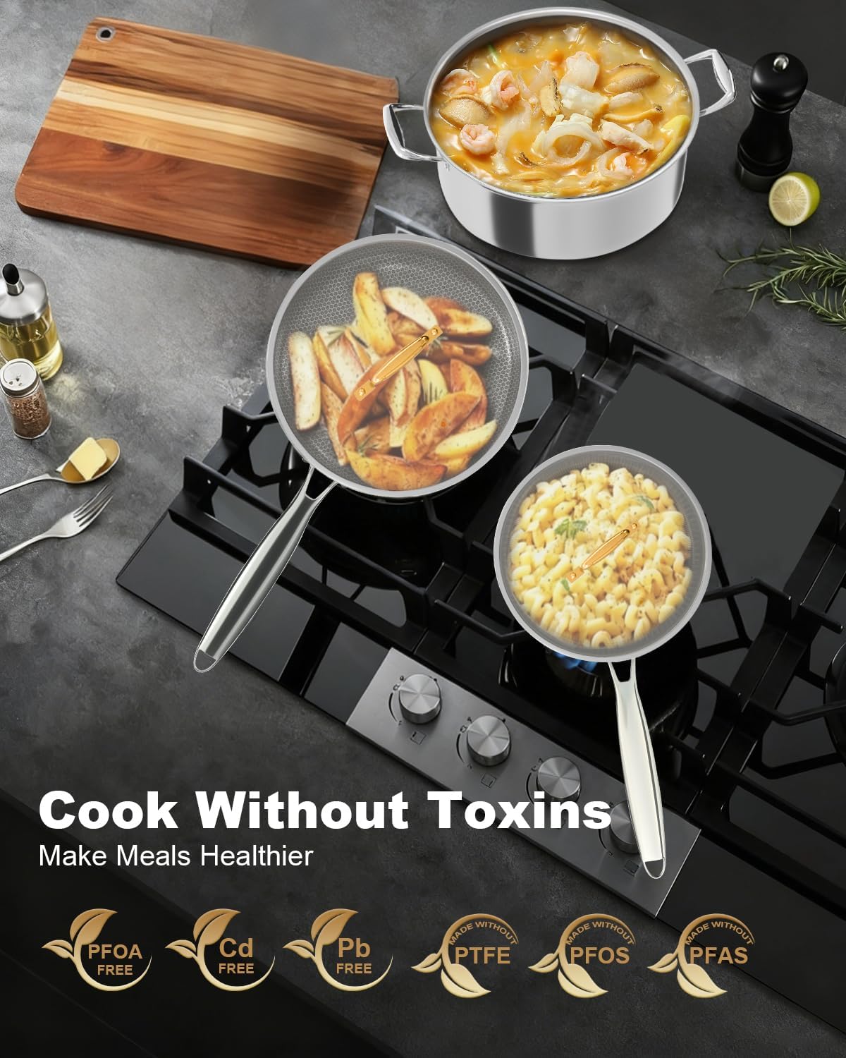 FogDream 5 Pcs Stainless Steel Cookware Set, 9.5in Non Stick Frying Pan, 5-Quart Soup Pot & 2.3-Quart Sauce Pan with 2 Lids, Stay-Cool Handles, Dishwasher & Oven-Safe, Induction Compatible, Silver