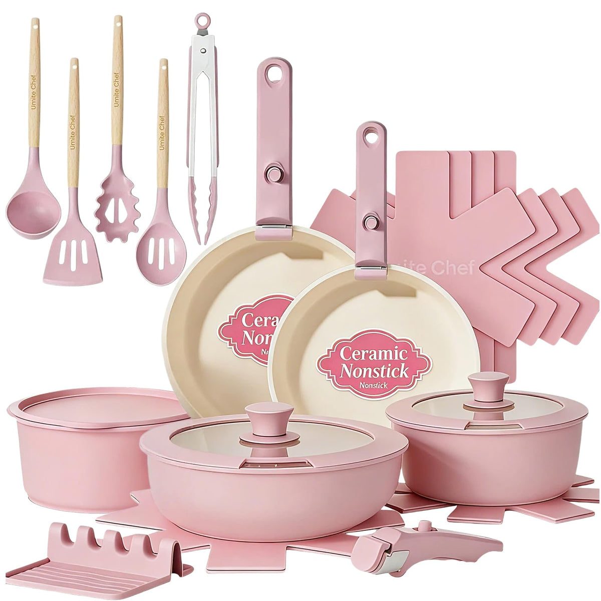 Umite Chef Non Stick Pots and Pans Set, 21 Pcs Ceramic Kitchen Cookware Set with Detachable Handle, Nonstick Healthy Induction Cookware, Dishwasher RV Cookware Set, Oven Safe, Stackable, Sage Green