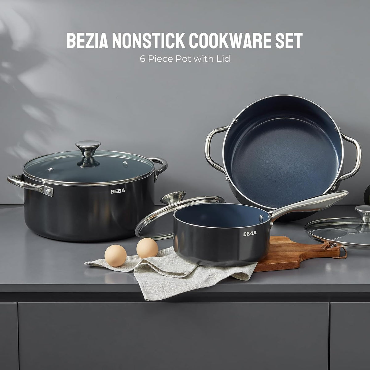 BEZIA Nonstick Induction Cookware Set, 6-Piece Pots and Pans Set with Lids