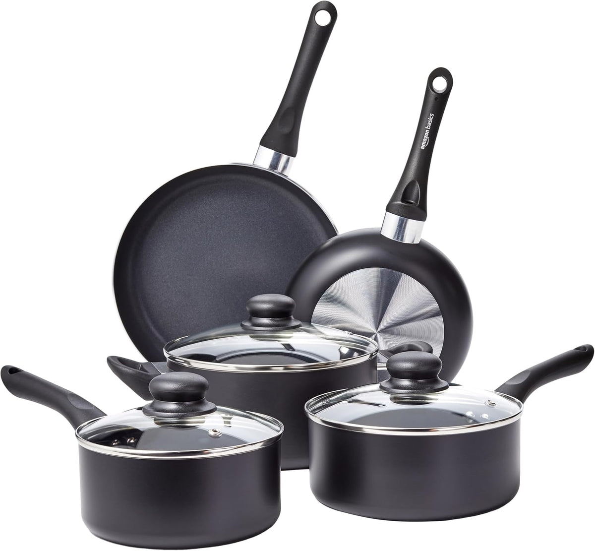 Amazon Basics Non-Stick Kitchen Cookware 8-Piece Set, Non-Induction, Includes Pots and Pans, Black
