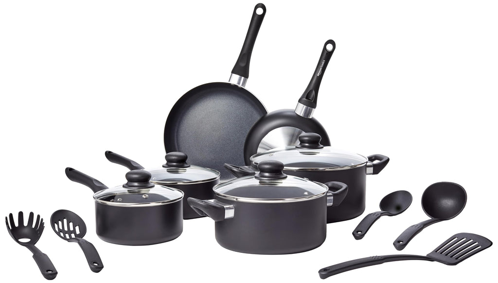 Amazon Basics Non-Stick Kitchen Cookware 8-Piece Set, Non-Induction, Includes Pots and Pans, Black