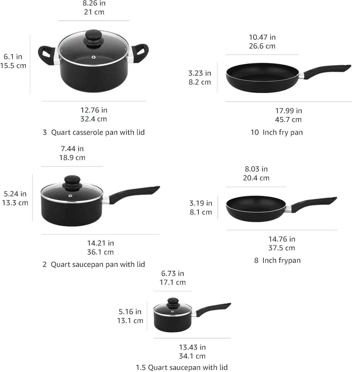 Amazon Basics Non-Stick Kitchen Cookware 8-Piece Set, Non-Induction, Includes Pots and Pans, Black