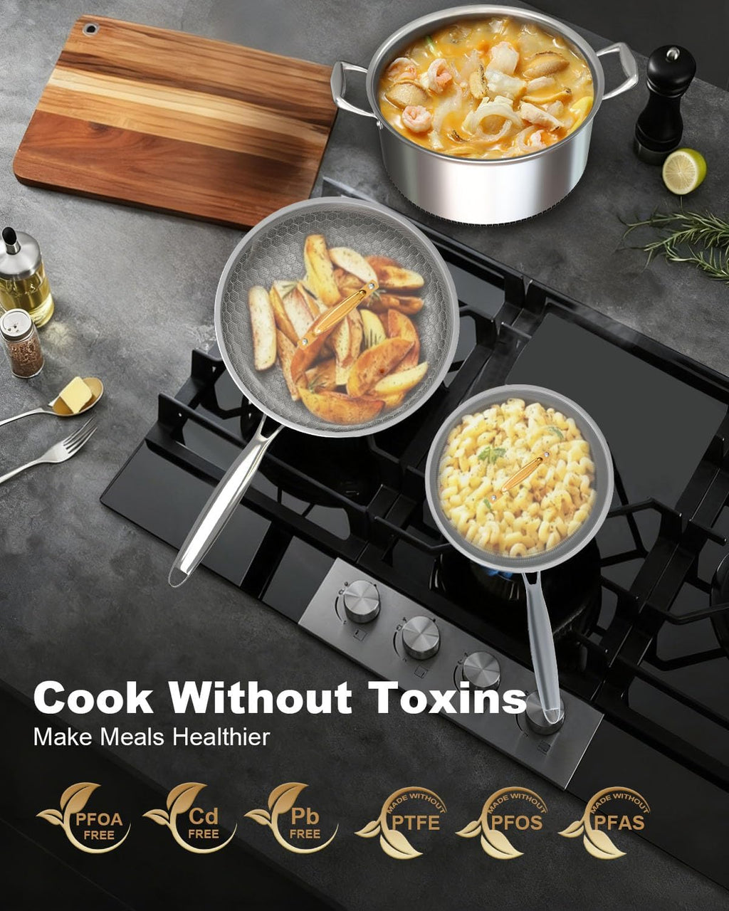 FogDream 5 Pcs Stainless Steel Cookware Set, 9.5in Non Stick Frying Pan, 5-Quart Soup Pot & 2.3-Quart Sauce Pan with 2 Lids, Stay-Cool Handles, Dishwasher & Oven-Safe, Induction Compatible, Silver