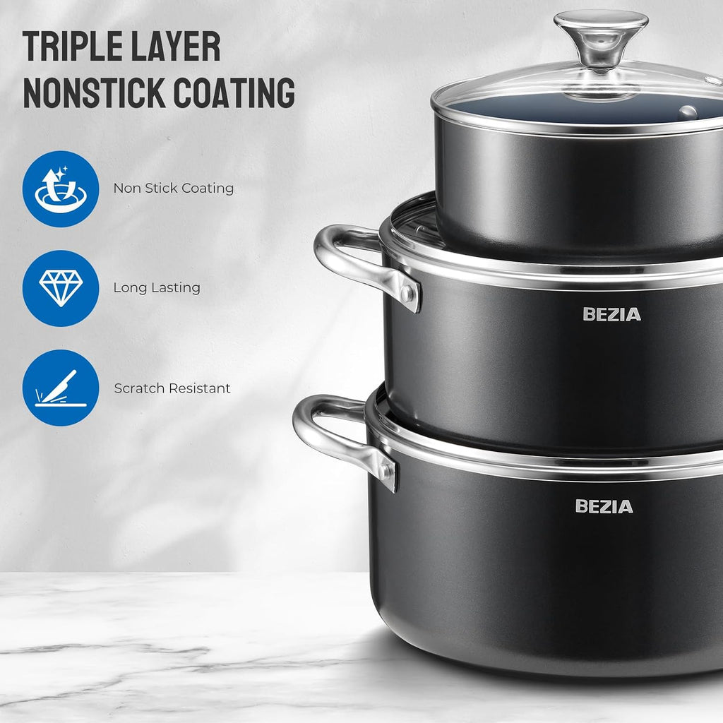 BEZIA Nonstick Induction Cookware Set, 6-Piece Pots and Pans Set with Lids