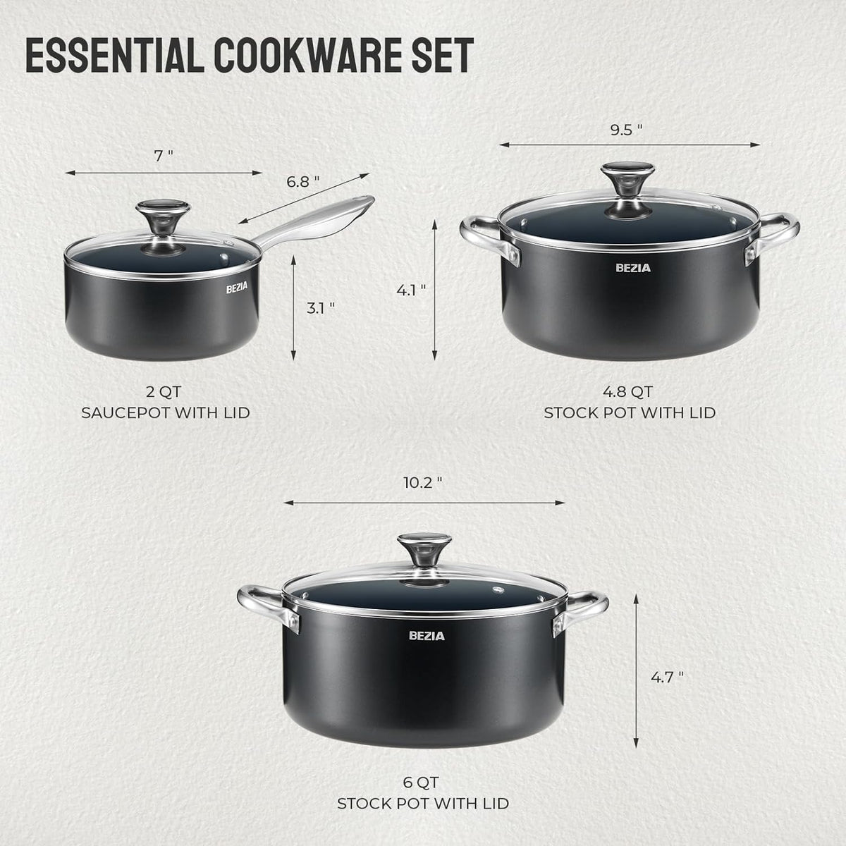 BEZIA Nonstick Induction Cookware Set, 6-Piece Pots and Pans Set with Lids
