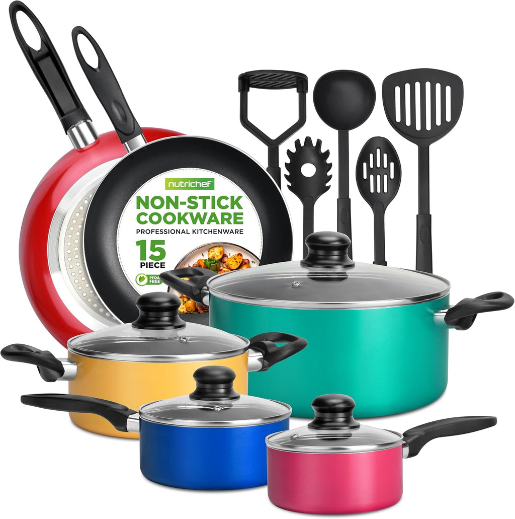 NutriChef 15-Piece Non Stick Kitchen Cookware Set PFOA/PFOS-Free, Colorful Heat Resistant Lacquer w/Saucepot, Frying Pans, Oven Pot, Lids, 5 Utensil - NCCWCOR15