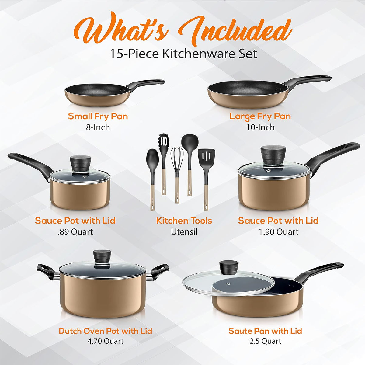 SereneLife Kitchenware Pots & Pans Basic Kitchen Cookware, Black Non-Stick Coating Inside, Heat Resistant Lacquer (15-Piece Set), One Size, Gold