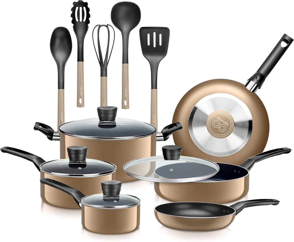SereneLife Kitchenware Pots & Pans Basic Kitchen Cookware, Black Non-Stick Coating Inside, Heat Resistant Lacquer (15-Piece Set), One Size, Gold