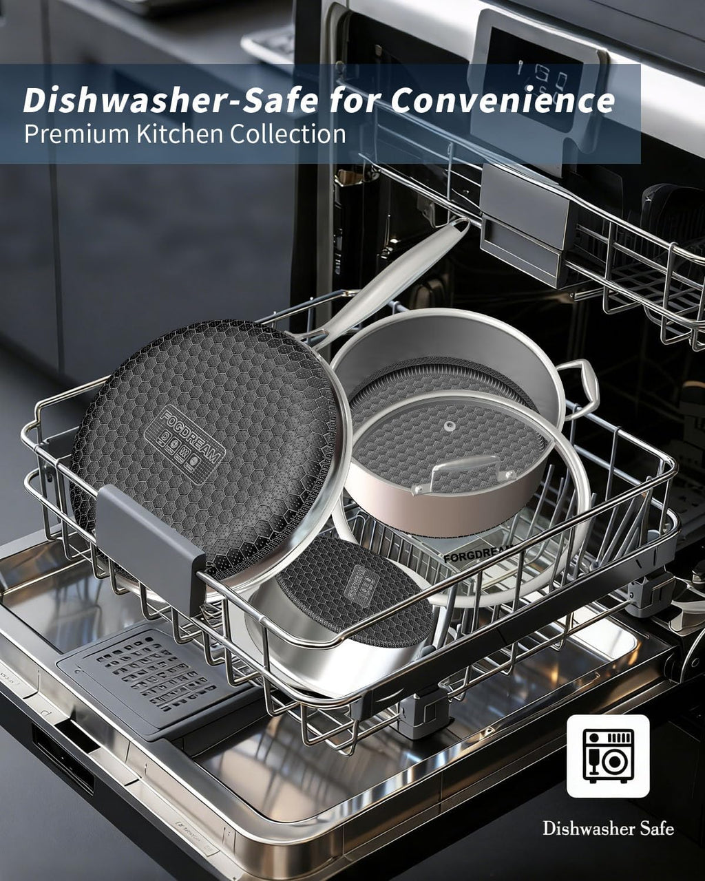 FogDream 5 Pcs Stainless Steel Cookware Set, 9.5in Non Stick Frying Pan, 5-Quart Soup Pot & 2.3-Quart Sauce Pan with 2 Lids, Stay-Cool Handles, Dishwasher & Oven-Safe, Induction Compatible, Silver