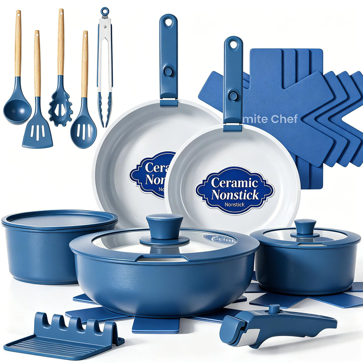 Umite Chef Non Stick Pots and Pans Set, 21 Pcs Ceramic Kitchen Cookware Set with Detachable Handle, Nonstick Healthy Induction Cookware, Dishwasher RV Cookware Set, Oven Safe, Stackable, Sage Green